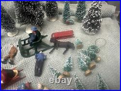 Lot LEAD BARCLAY Winter Scene Sled Skiers Skater Sleighs Trees Figures RARE Xmas