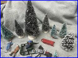 Lot LEAD BARCLAY Winter Scene Sled Skiers Skater Sleighs Trees Figures RARE Xmas