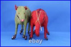 RARE ANTIQUE GERMAN RED & GREEN ANIMAL PULL TOYS WITH WHEELS c1900