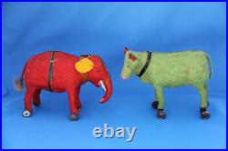 RARE ANTIQUE GERMAN RED & GREEN ANIMAL PULL TOYS WITH WHEELS c1900