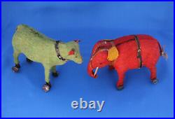 RARE ANTIQUE GERMAN RED & GREEN ANIMAL PULL TOYS WITH WHEELS c1900