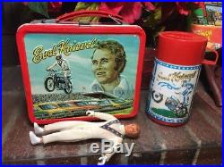 RARE! Vtg. 1974 Evel Knievel Dare Devil Metal Lunchbox With Thermos & Figure Toy