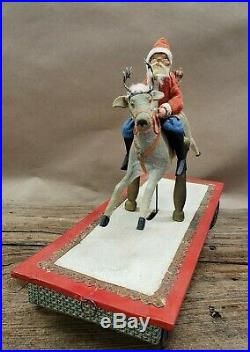 Rare 1900's Vintage Antique Rocking Santa on Reindeer 12 Long Pull Toy