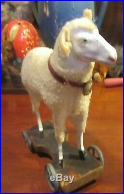 Rare German Large Putz Sheep Lamb Pull Toy Original colar & bell Metal Wheels