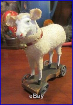Rare German Large Putz Sheep Lamb Pull Toy Original colar & bell Metal Wheels