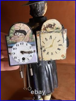 Rare Issmayer Polychrome Tole Tinplate Clock Salesman Figure 1850's German Toy