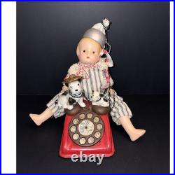 Signed Vintage Assemblage Art Doll Sculpture on Toy Phone with Dogs Folk Art OOAK