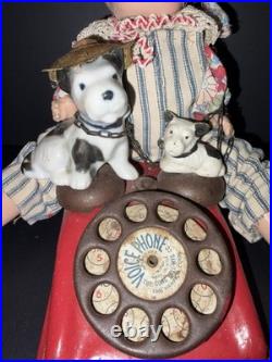 Signed Vintage Assemblage Art Doll Sculpture on Toy Phone with Dogs Folk Art OOAK