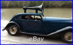 Tin Toy Car Tri-Ang Minic Police Car w Loudspeaker & 2 Figures Wind-Up Vintage