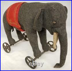 Vintage 1910's Elephant on Wheels Pull Toy Grey Felt Nice