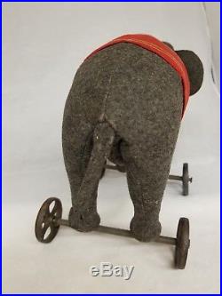 Vintage 1910's Elephant on Wheels Pull Toy Grey Felt Nice