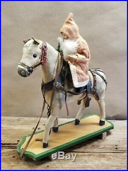 Vintage 1920's Santa Riding Horse on Platform Pull Toy 11 Tall