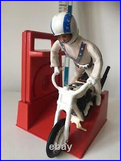 Vintage 1970s Evil Knievel Friction Bike Toy With Figure Belt And Helmet