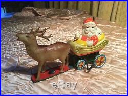 Vintage Christmas SANTA on SLEIGH REINDEER Celluloid & Tin Japan WIND UP TOY