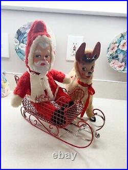 Vintage Christmas Santa Deer Sleigh Rubber Face Plush Doll Toy Columbia Toys