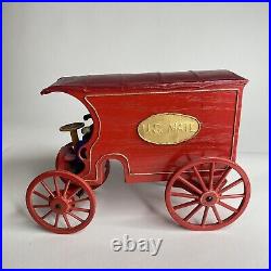 Vintage Handmade FOLK ART Wooden Toy WAGON US Mail With Figure