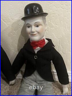 Vintage, Large Laurel & Hardy Porcelain Doll Figures Rare Collectible