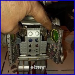 Vintage Tin Robot Toy Silver Battery Operated Opening Chest Red Feet