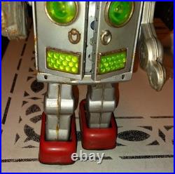 Vintage Tin Robot Toy Silver Battery Operated Opening Chest Red Feet