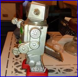 Vintage Tin Robot Toy Silver Battery Operated Opening Chest Red Feet