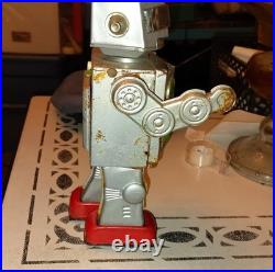 Vintage Tin Robot Toy Silver Battery Operated Opening Chest Red Feet