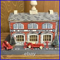 Vintage Wood De Luxe Fire Department Play Set with Vehicles, Figures & Trees