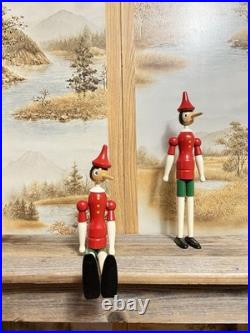 Vintage Wooden Pinocchio Toy Figures Set of 2 Hand-Painted Mint Condition