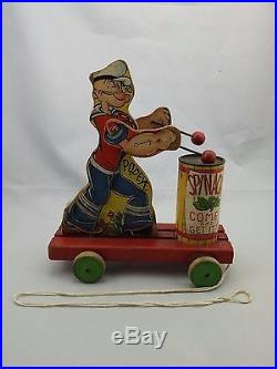 Vintage rare Fisher-Price Wood-Figures Popeye spinach eater, pull toy 1939 #488