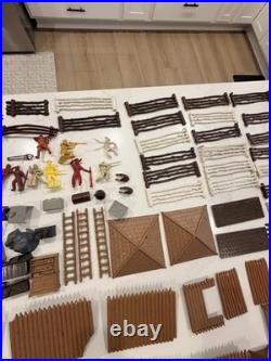 Vtg Marx Fort Apache Playset Lot 102 Pc Log Cabin Fences Figures Accessories